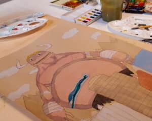 Géant ! : Création de personnage Travail sur l'echelle et les proportions 
Mise en couleurs à l'aquarelle par Manoah