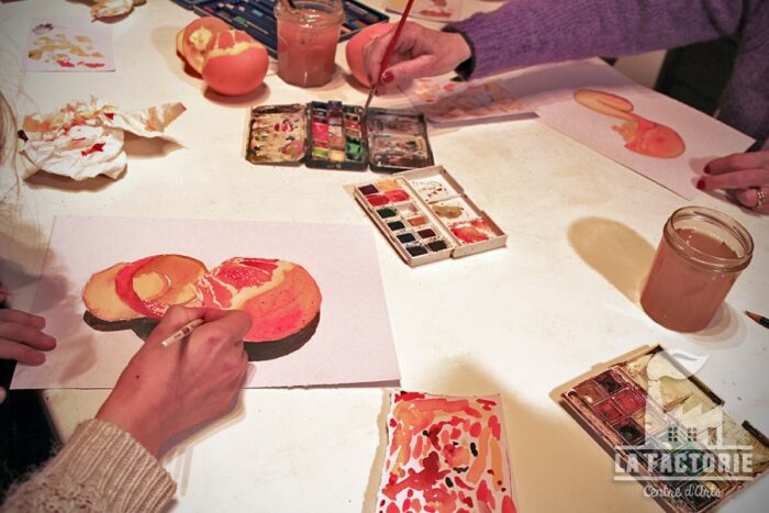 Aquarelle, dessin et peinture d’après observation d’oranges La Factorie - Centre d'Arts : Cours de dessin pour adultes, peinture, modelage, gravure, pastels, fusain, perspective, anatomie, huile, aquarelle...