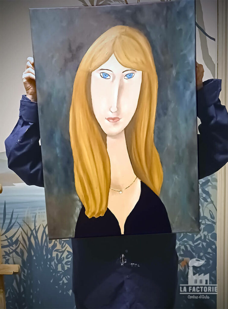 Cours de dessin, peinture, modelage pour adultes La Factorie - Centre d'Arts Centre d'Arts - Cours de dessin, stages , interventions et créations artistiques à La Réole Peinture à l'huile, autoportrait d'après Modigliani - La Factorie - Centre d'Arts